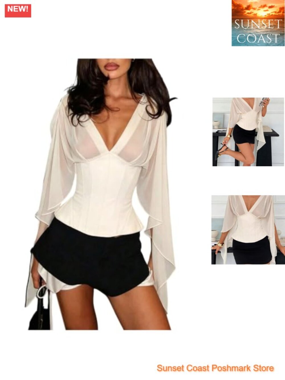 Women's Sheer Long Sleeve V-Neck Cinched Waist Top